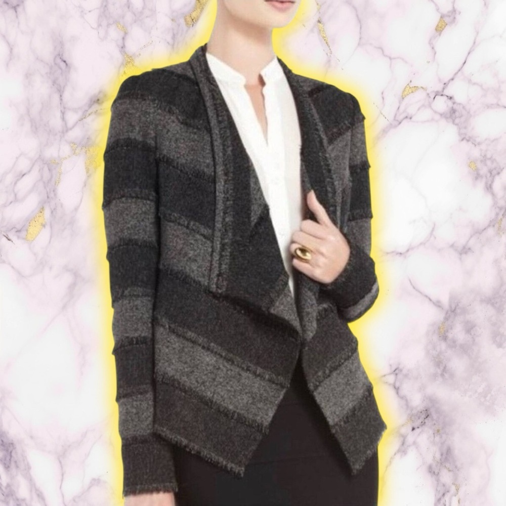 NWOT BCBGMaxAzria ‘Aubree’ Tweed Draped Front Jacket in Black & Gray Stripe XXS